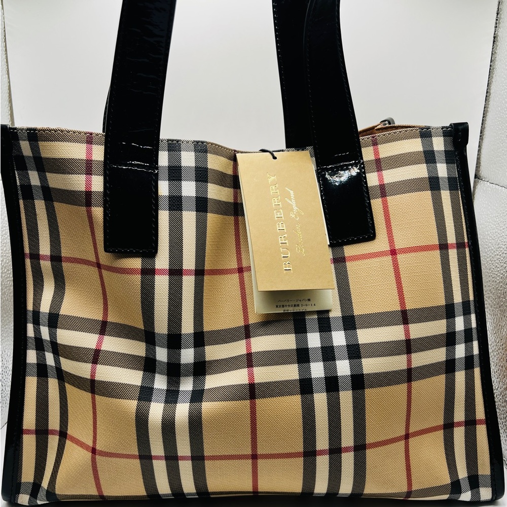 Burberry Tan and Black Tote Bag with Iconic Check Pattern